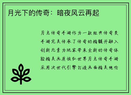 月光下的传奇：暗夜风云再起